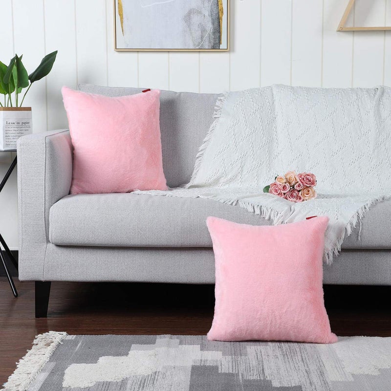 MANDIOO Pack of 2 Pink Faux Fur Fuzzy Cozy Soft Decorative Throw Pillow Covers Set Cushion Cases Pillowcases for Sofa Bedroom Car 16x16 Inches - Image 2